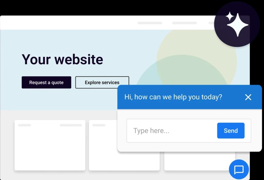 Website with call-to-action buttons and web chat widget asking visitor how the business can help