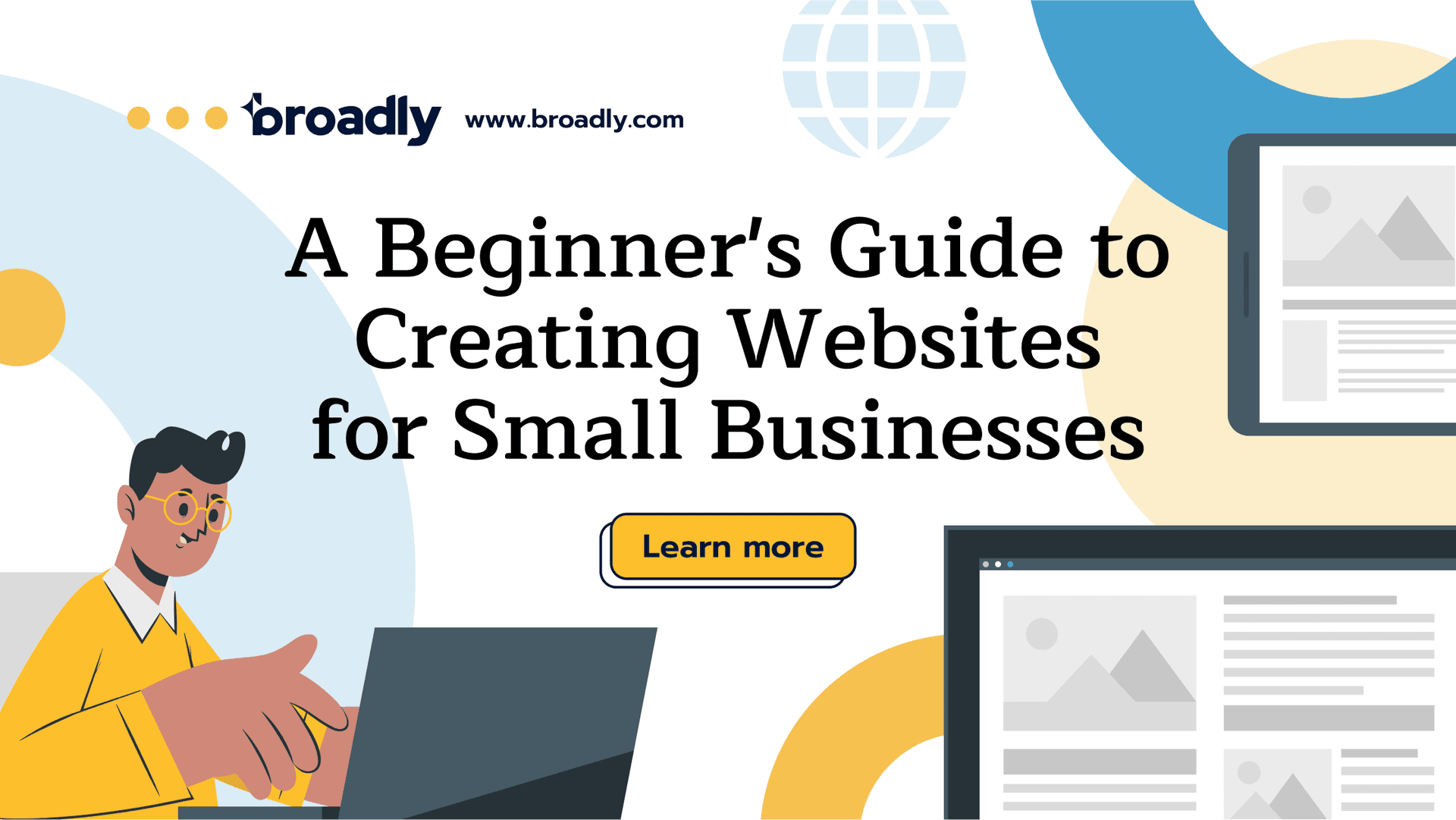 Website creation guide cover with entrepreneur at laptop, website mockups, and learn more button