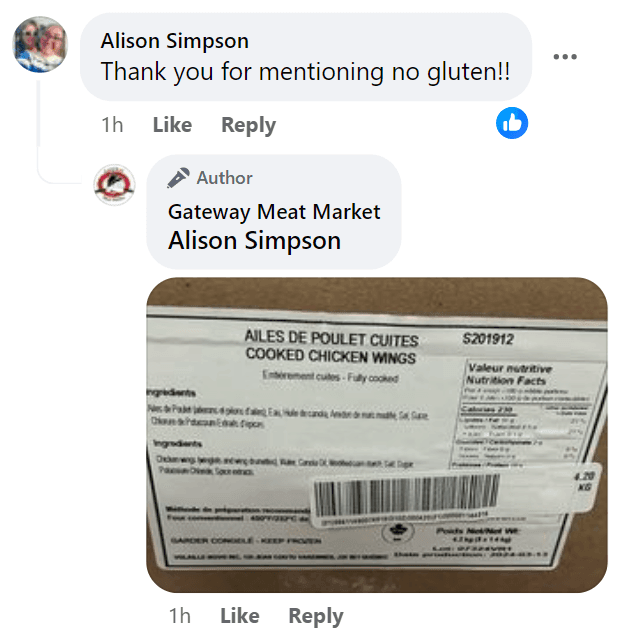 Comment thread showing Alison Simpson thanking Gateway Meat Market for gluten-free mention with product packaging image reply