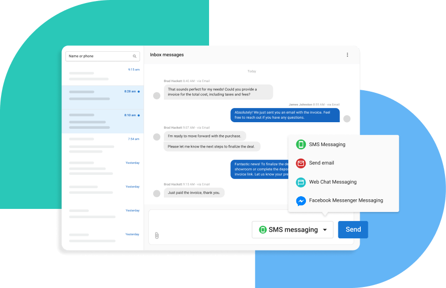 Inbox message thread with a channel picker for SMS, email, web chat, and Facebook Messenger