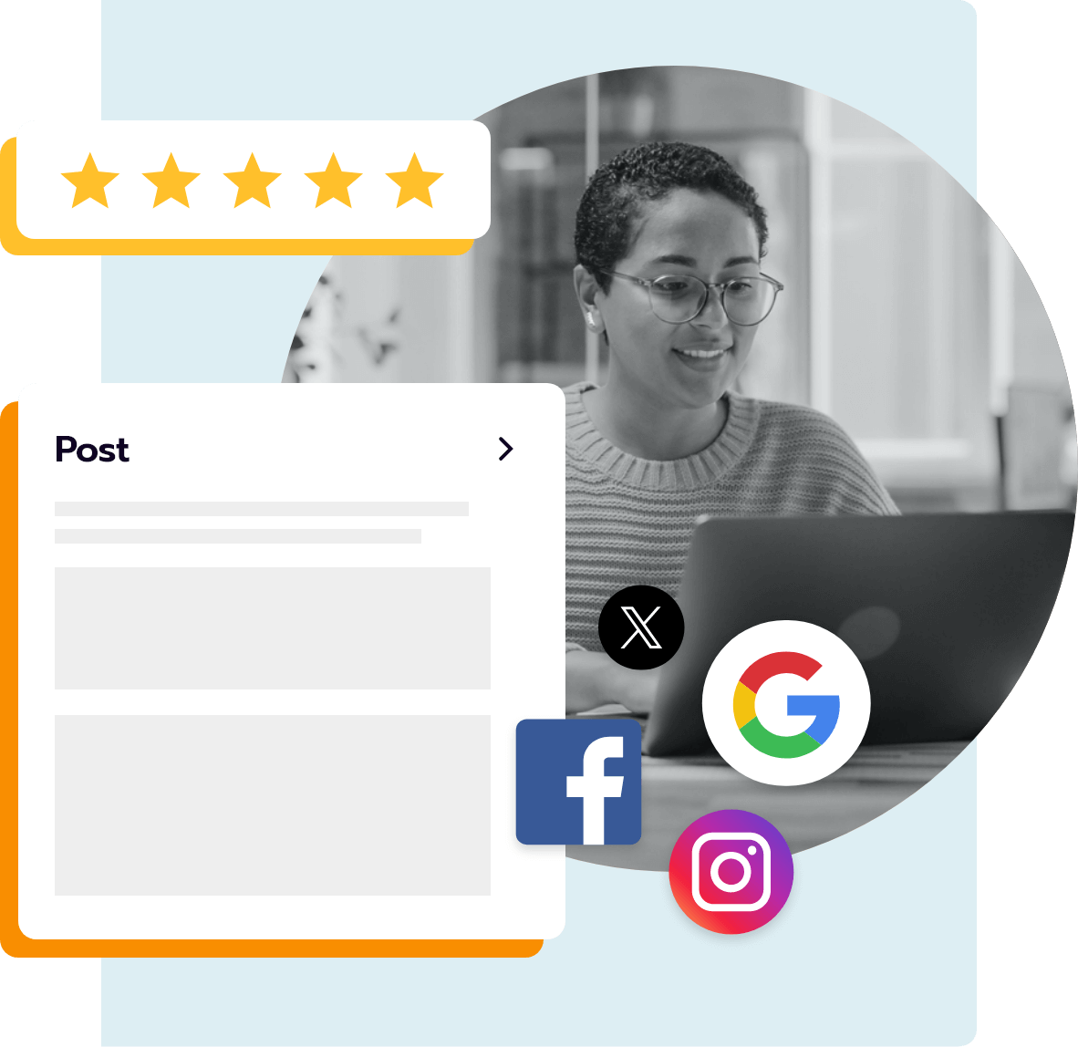 Woman smiling at her laptop with a five-star rating banner and Google, Facebook, Instagram, and X logos