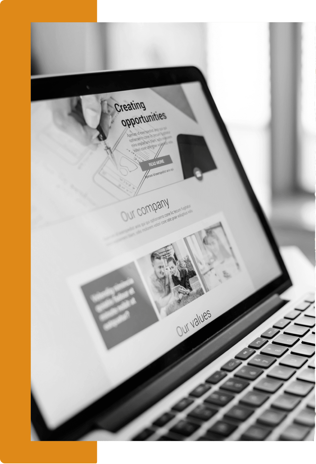 Laptop displaying a black-and-white "Creating opportunities" website mockup with company and values sections