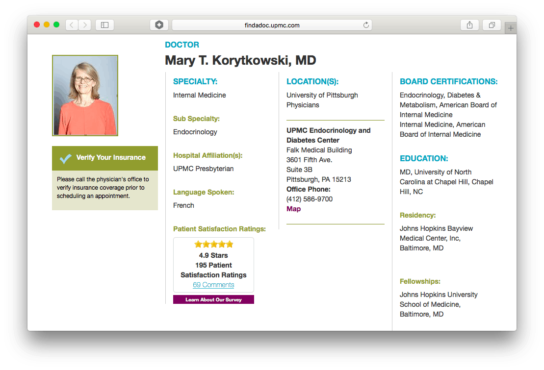 UPMC's website hosts individual pages for physicians and advanced care providers, which feature additional information and patient reviews.