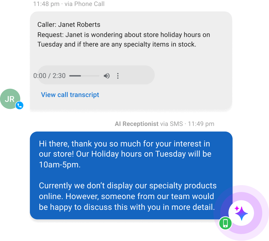 AI voice and chat assistant answering client questions instantly using AI for law firms.