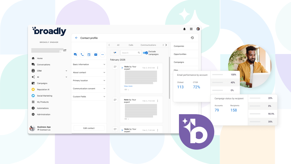 Broadly Engage contact profile dashboard showing centralized customer communication history and email campaign performance to streamline business growth.