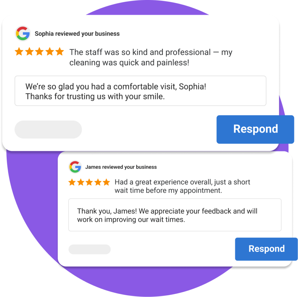 Google review response window showing professional replies to patient feedback to improve office reputation.