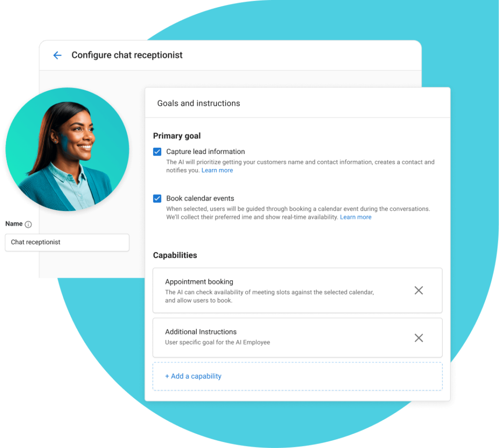 Settings menu for configuring AI employee goals such as appointment booking and lead capture.
