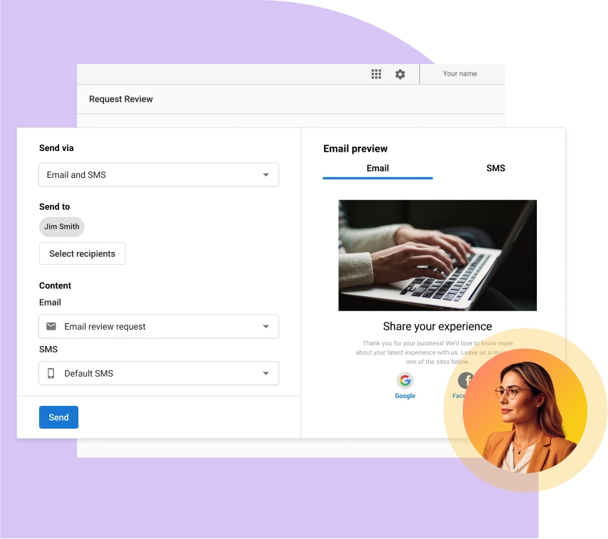 Review request interface helping generate feedback using best virtual receptionist for law firms.