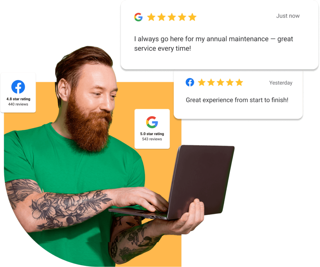 Business owner viewing five-star customer reviews and ratings online, highlighting how AI for home services improves reputation and builds customer trust