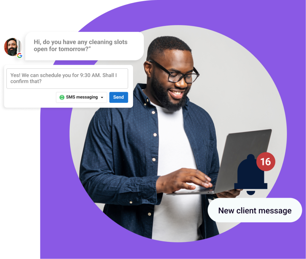 AI assistant confirming appointment availability through SMS conversation, illustrating how AI for home services automates scheduling and improves customer experience.