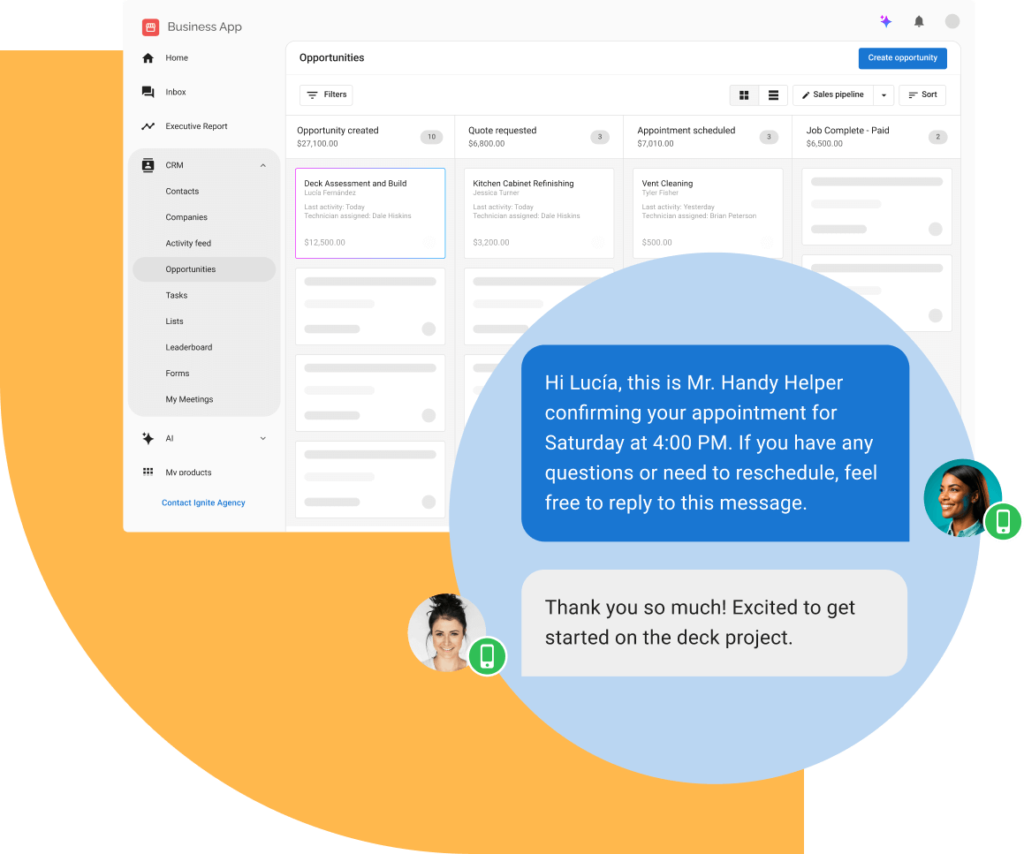 Home service AI agent builds a smarter customer record by managing opportunities, tracking conversations, and automating appointment confirmations.